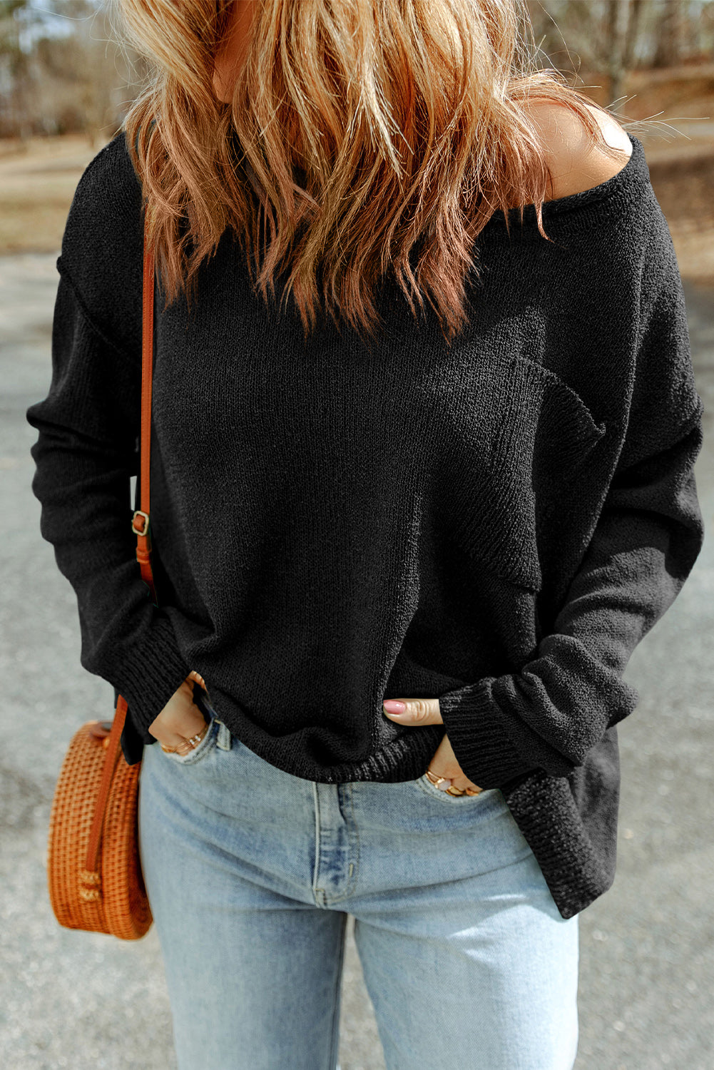 Dropped Shoulder Boat Neck Sweater Pullover with Pocket - Runway Frenzy 