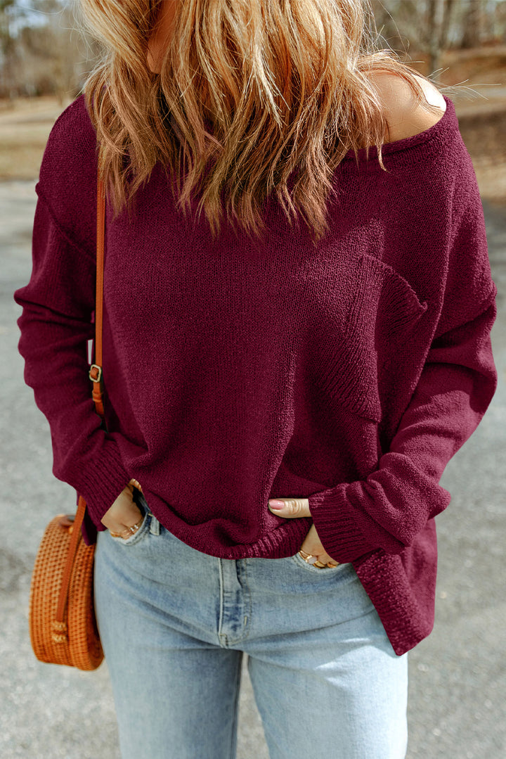 Dropped Shoulder Boat Neck Sweater Pullover with Pocket - Runway Frenzy 