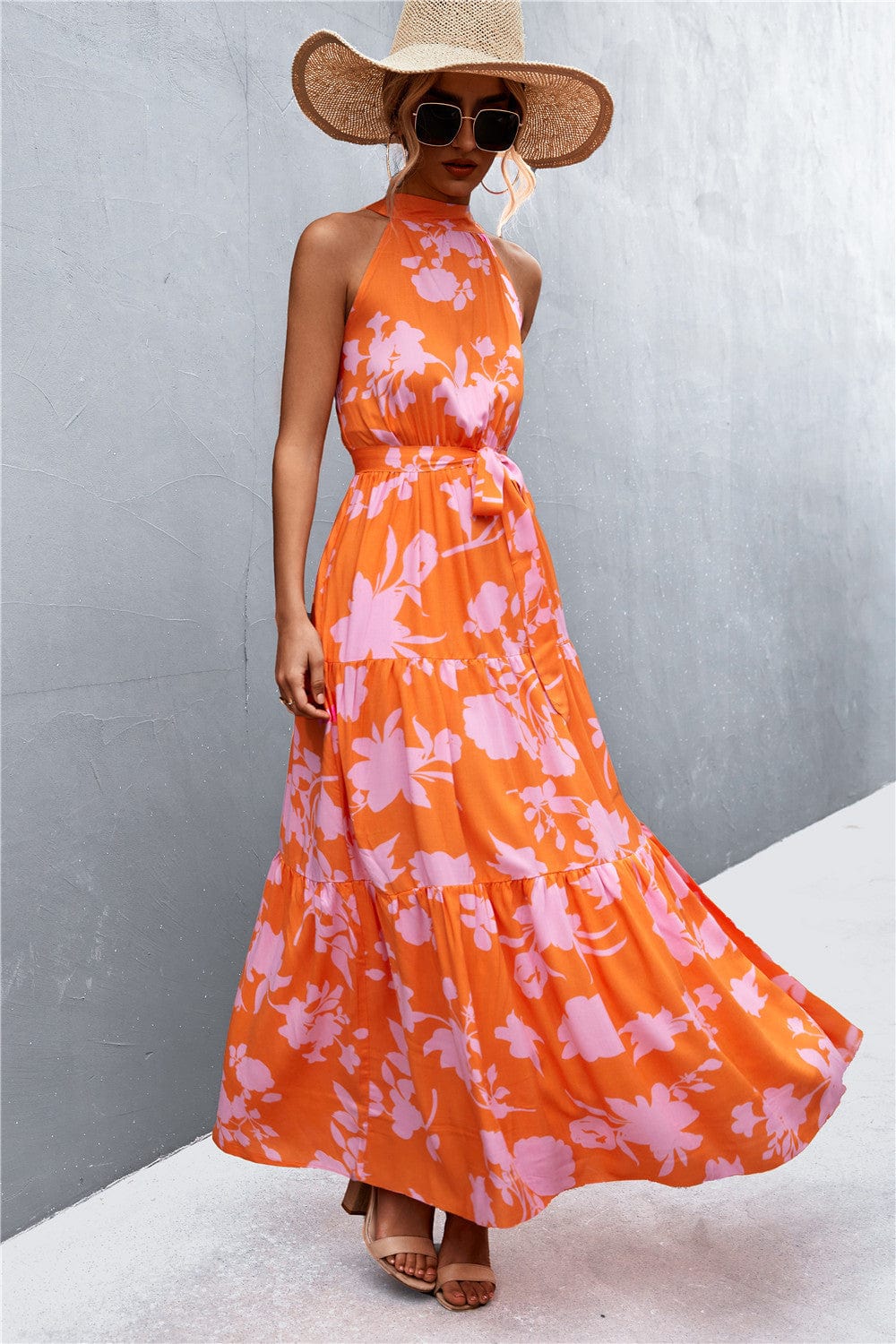 Printed Sleeveless Tie Waist Maxi Dress - Runway Frenzy 