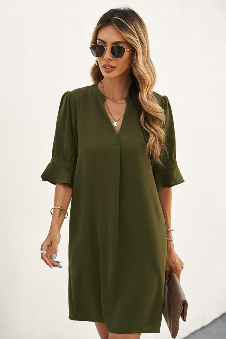 Puff Sleeve Notched Mini Shift Dress - Runway Frenzy 