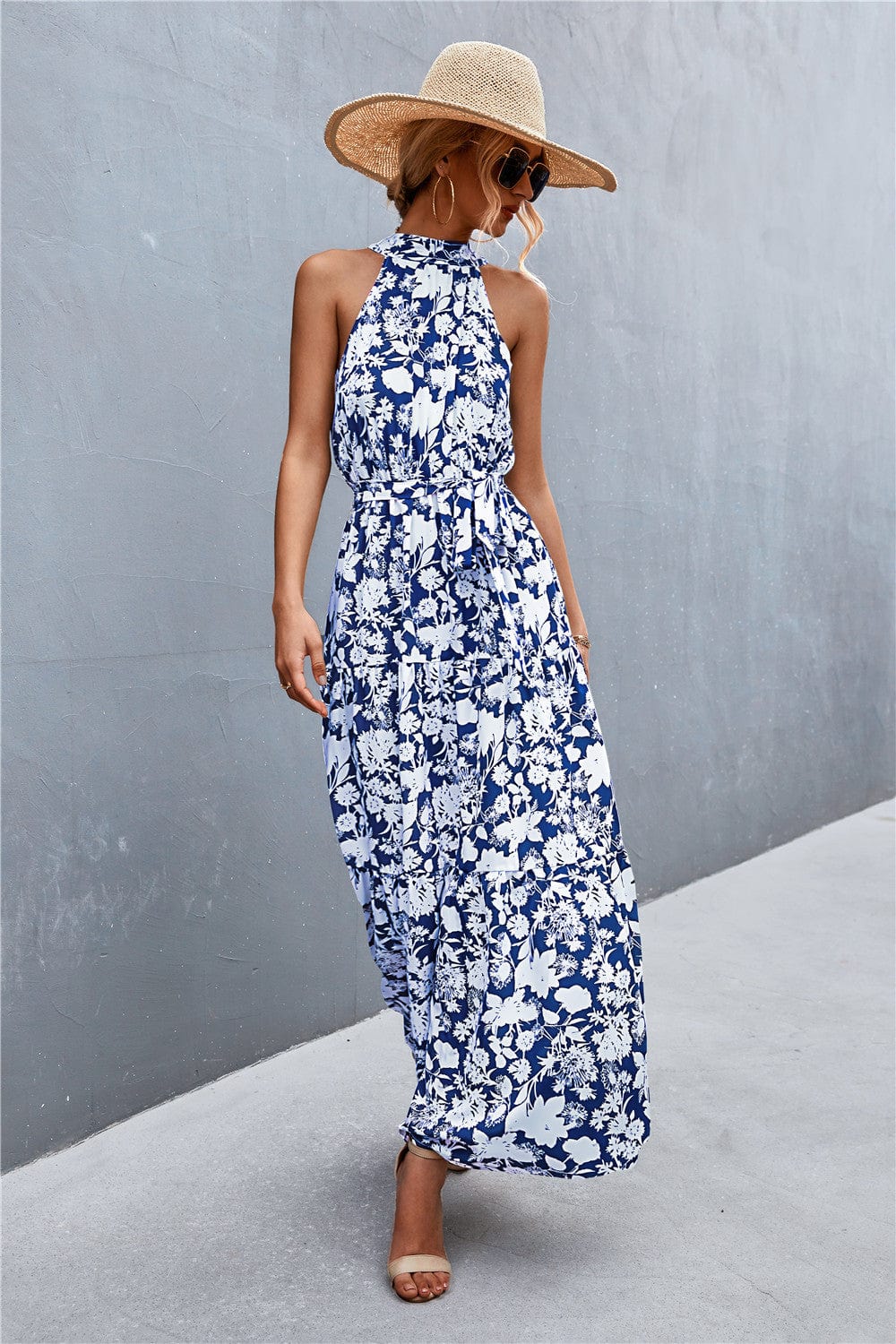 Printed Sleeveless Tie Waist Maxi Dress - Runway Frenzy 