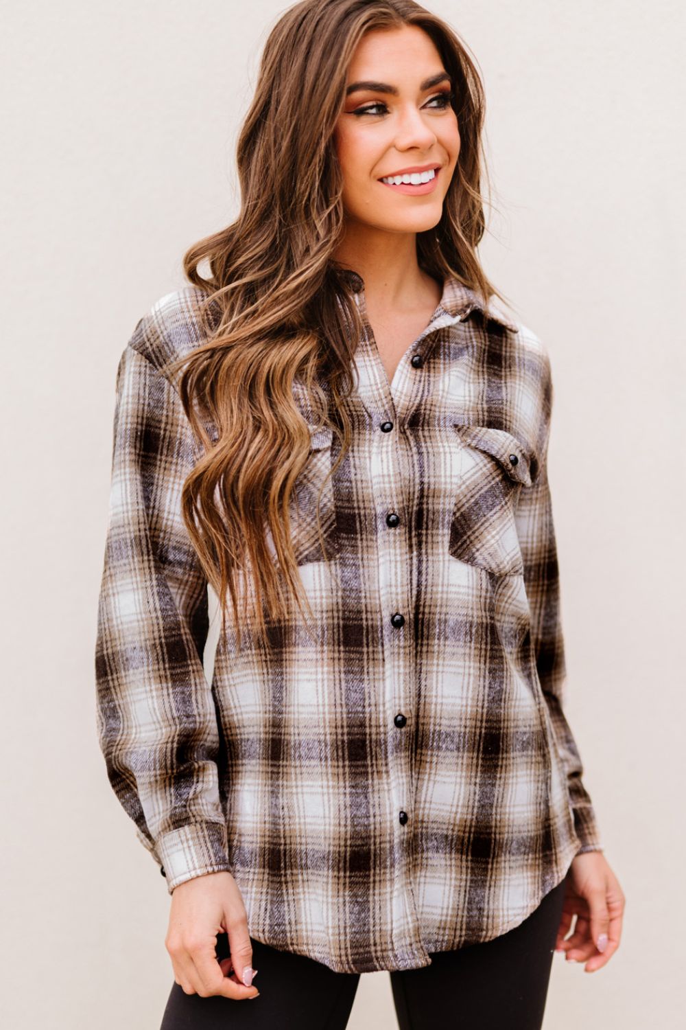 Plaid Button-Up Curved Hem Shirt with Breast Pockets - Runway Frenzy 