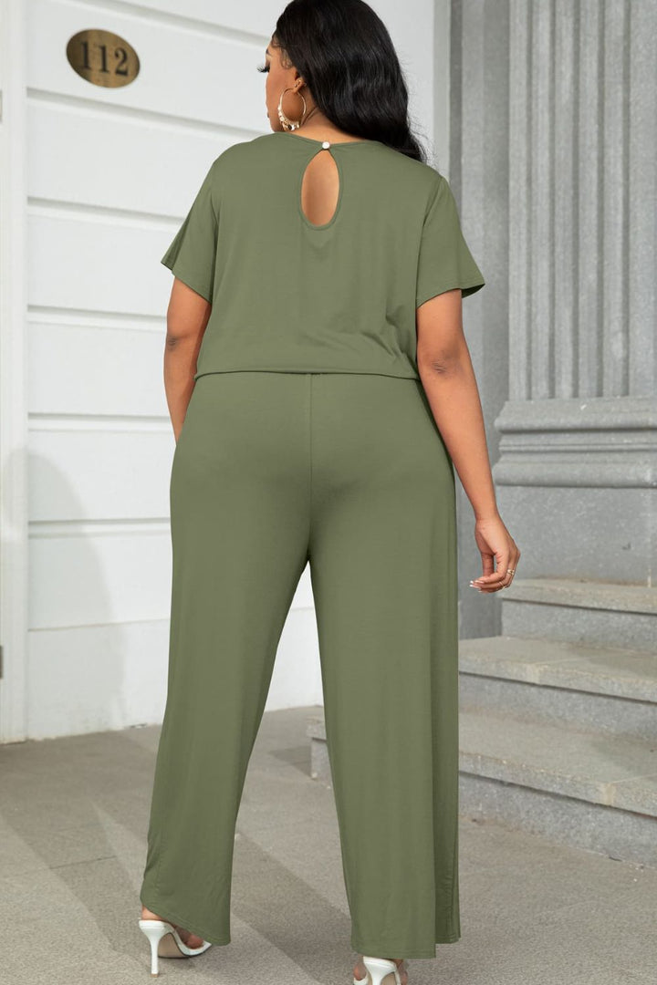 Plus Size Drawstring Waist Short Sleeve Jumpsuit - Runway Frenzy 