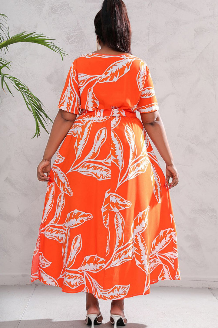 Plus Size Printed Surplice Short Sleeve Maxi Dress - Runway Frenzy 