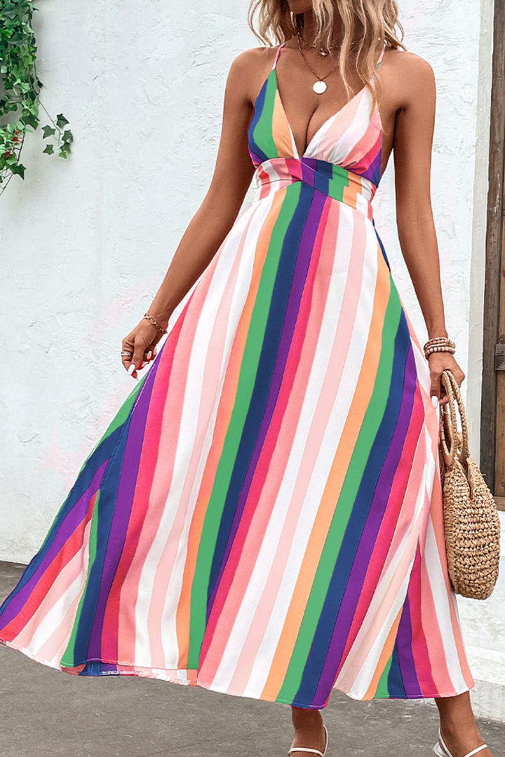 Multicolored Stripe Crisscross Backless Dress - Runway Frenzy 