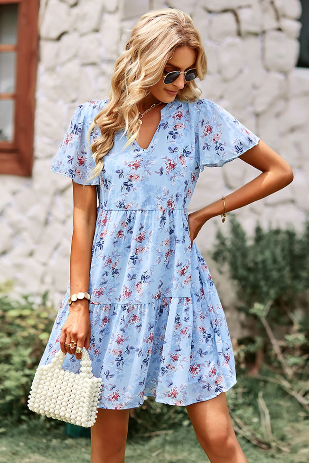 Floral Notched Flutter Sleeve Mini Dress - Runway Frenzy