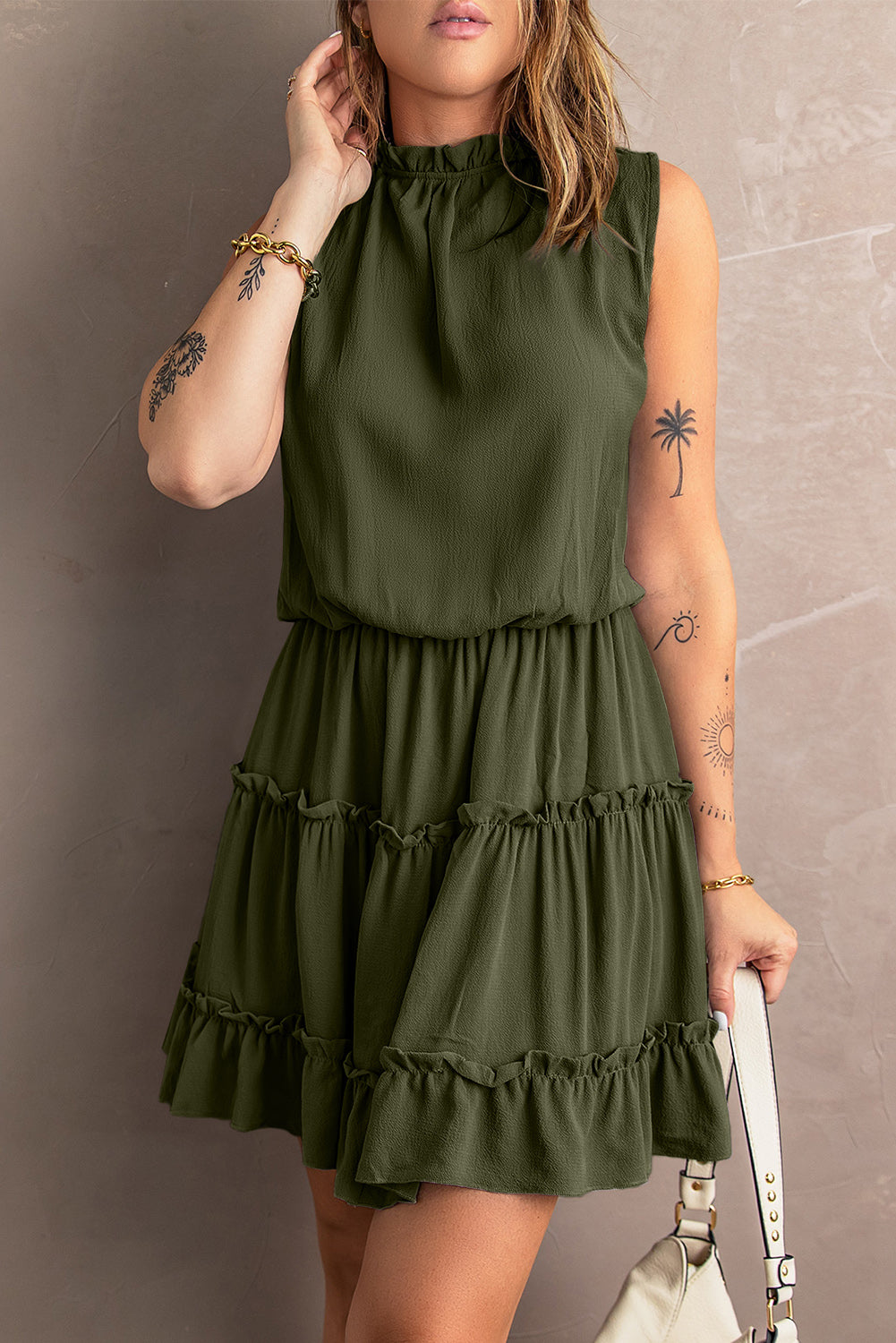 Tie Neck Frill Trim Sleeveless Mini Dress - Runway Frenzy 