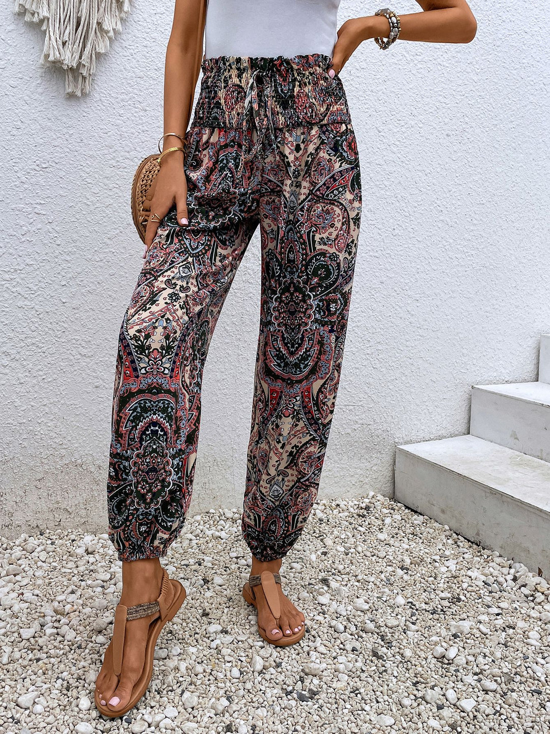 Paisley Print Smocked High-Waist Pants - Runway Frenzy 