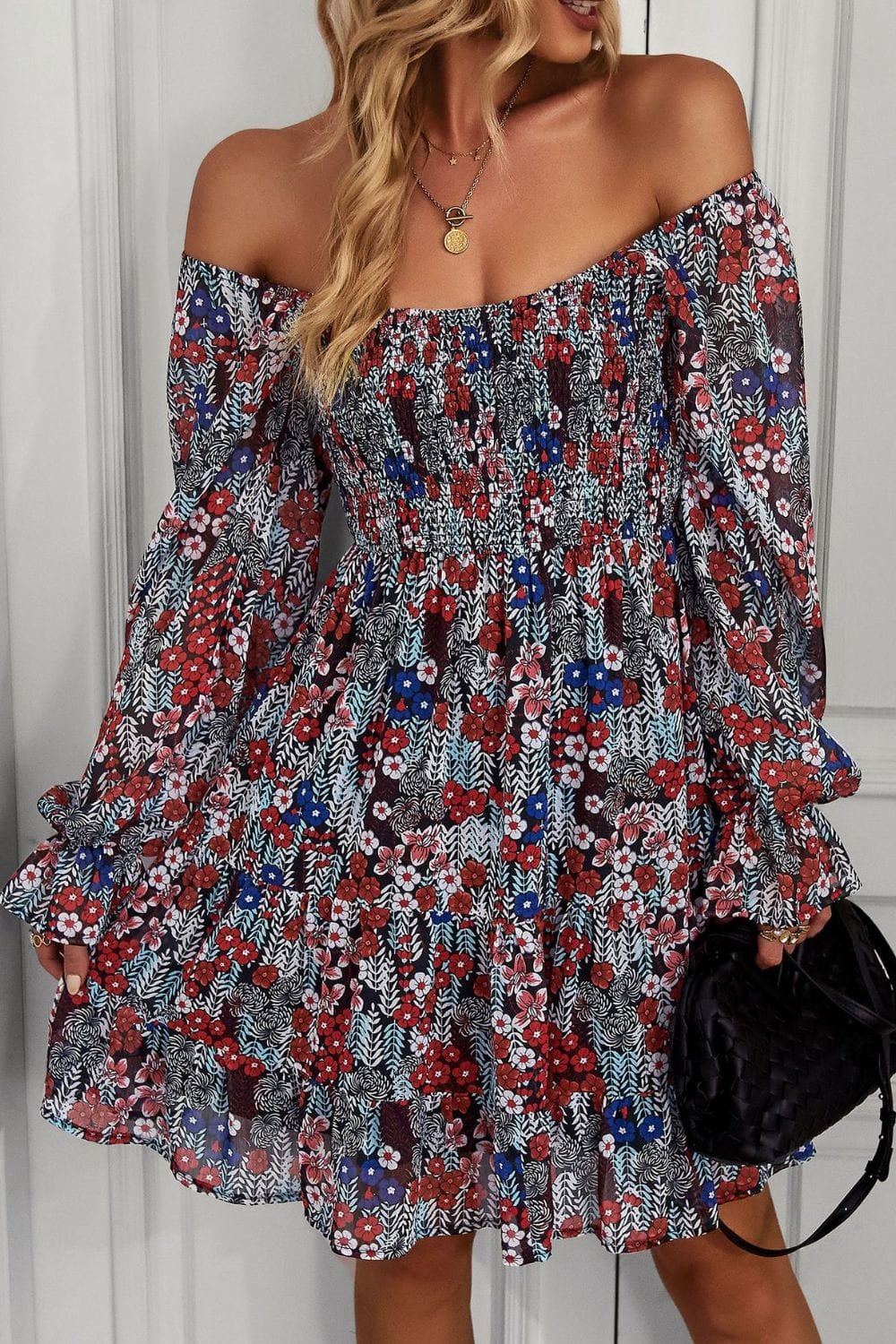 Floral Long Flounce Sleeve Square Neck Dress - Runway Frenzy