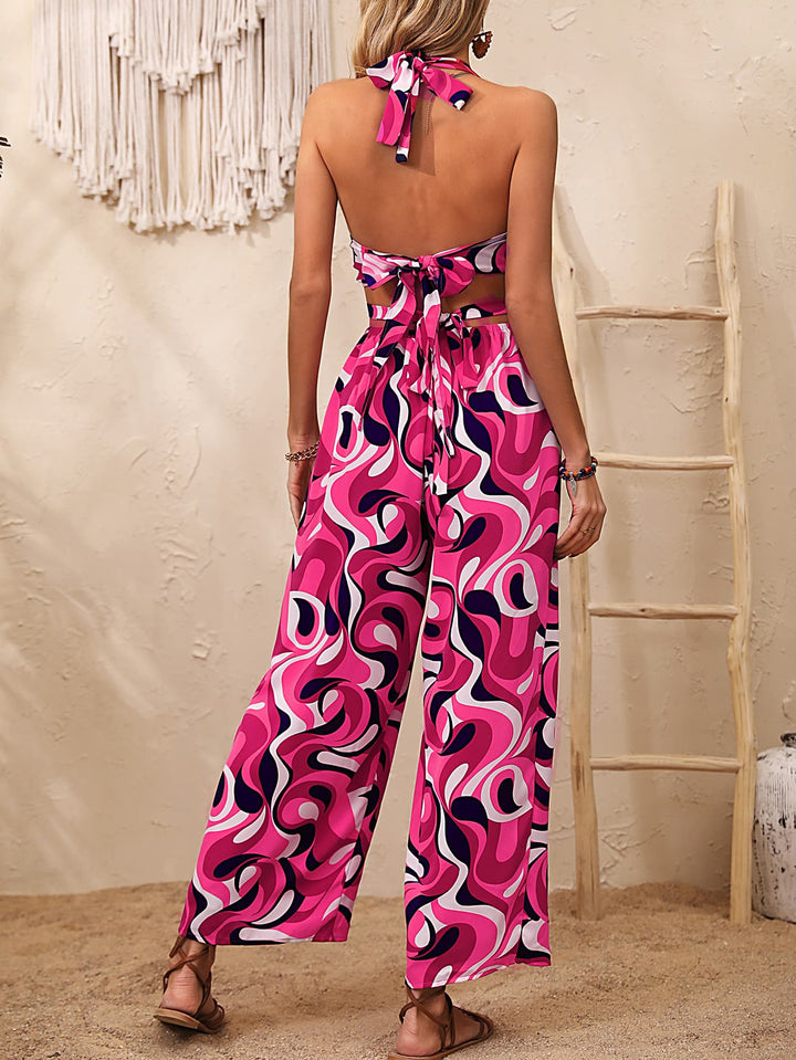 Abstract Print Halter Neck Cutout Wide Leg Jumpsuit - Runway Frenzy