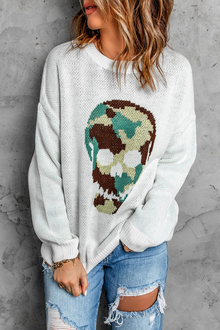 Skull Graphic Drop Shoulder Sweater - Runway Frenzy 