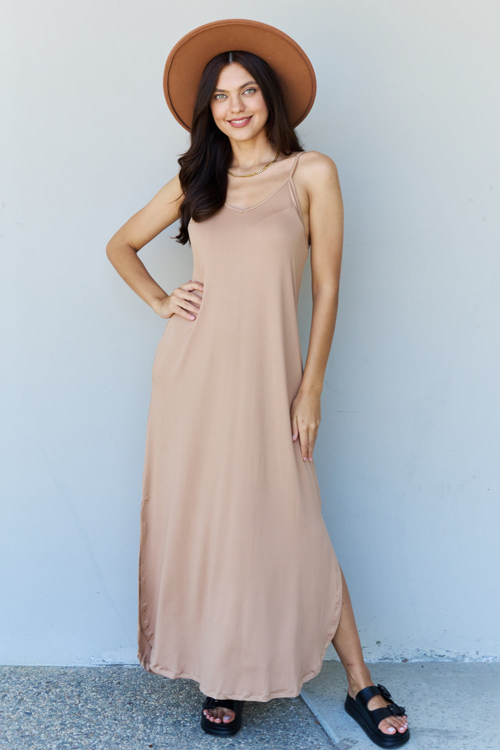 Ninexis Good Energy Full Size Cami Side Slit Maxi Dress in Camel - Runway Frenzy 