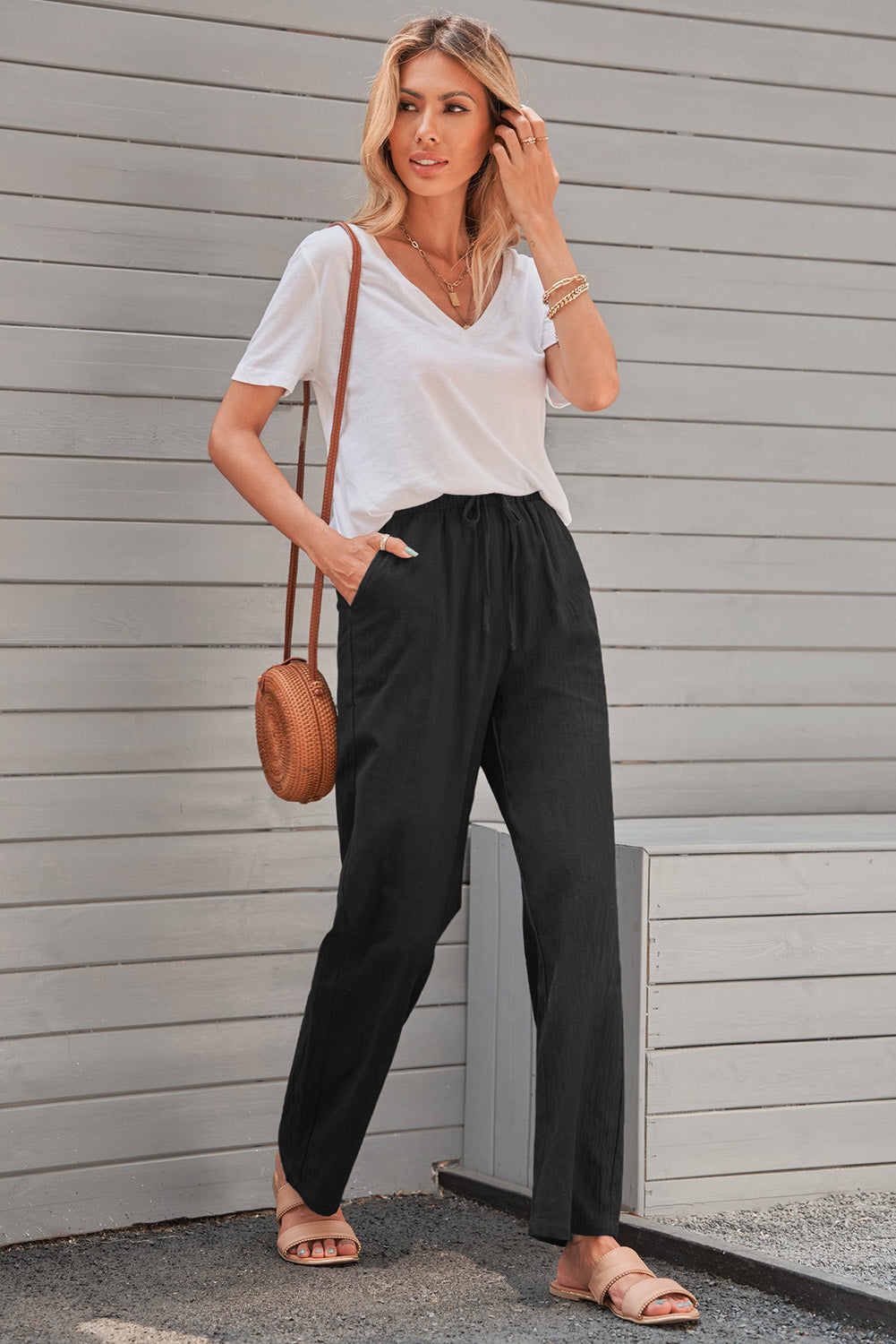 Drawstring Elastic Waist Pants with Pockets - Runway Frenzy