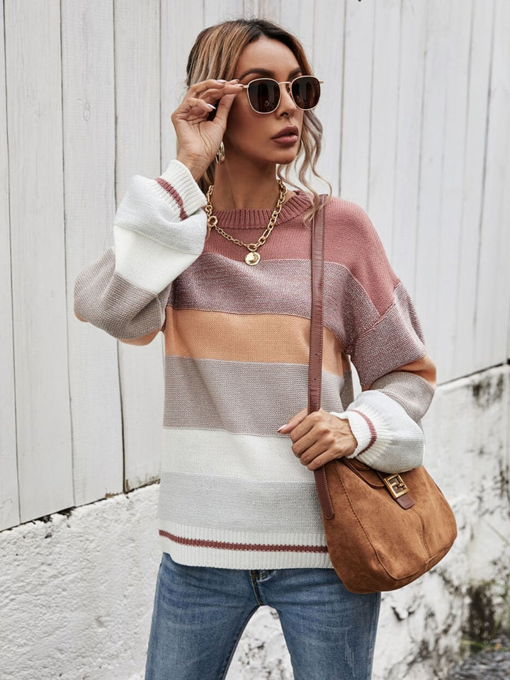 Striped Ribbed Trim Sweater - Runway Frenzy 