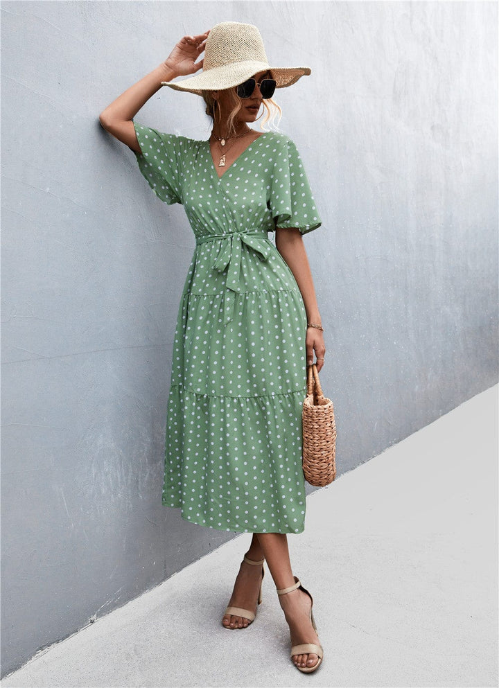 Printed V-Neck Flutter Sleeve Belted Dress - Runway Frenzy