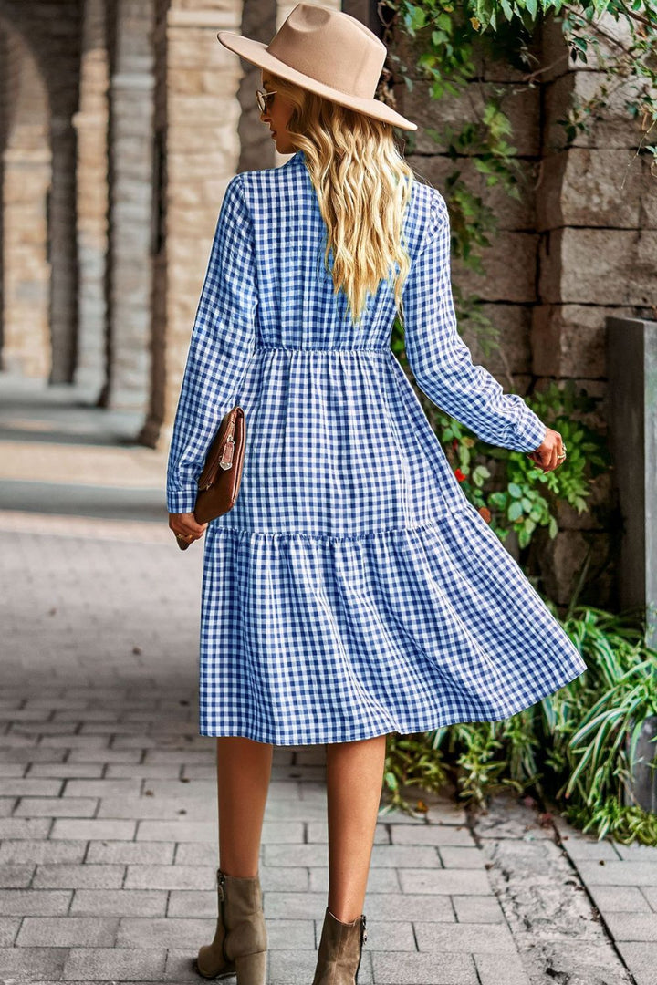 Collared Neck Long Sleeve Midi Dress - Runway Frenzy