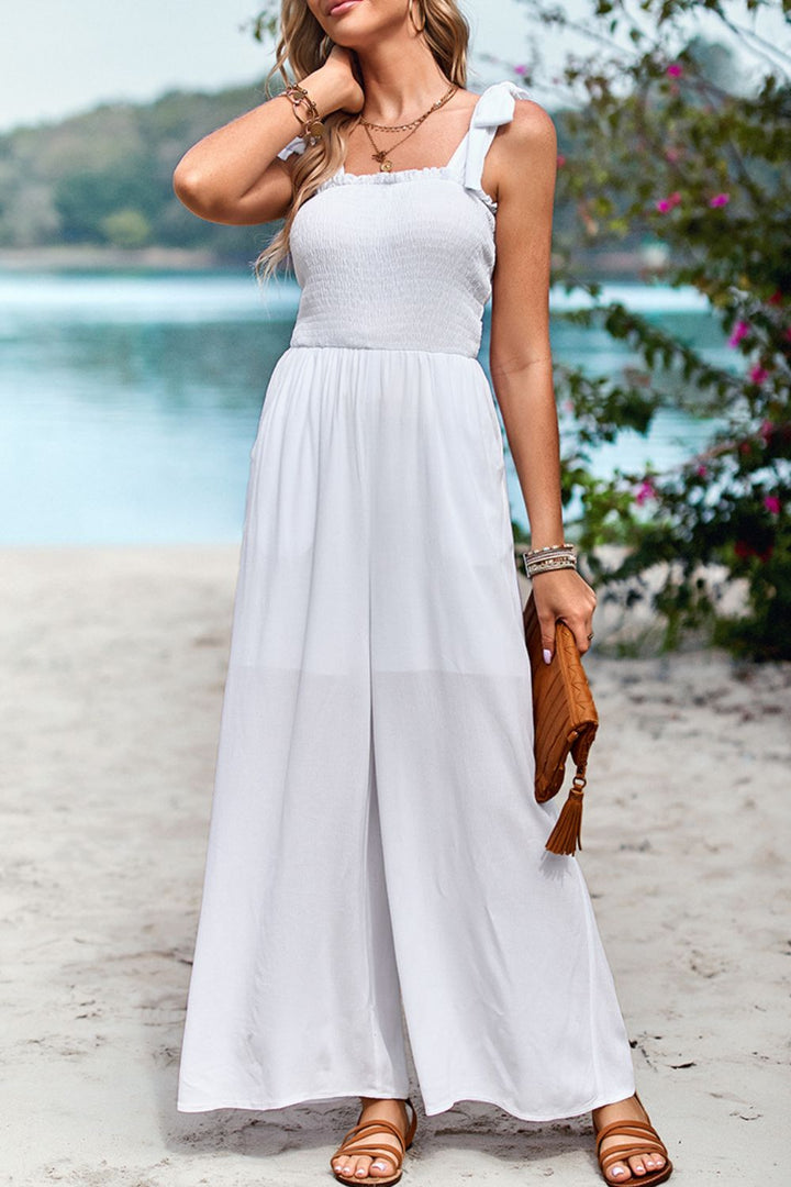 Frill Trim Tie Shoulder Wide Leg Jumpsuit with Pockets - Runway Frenzy