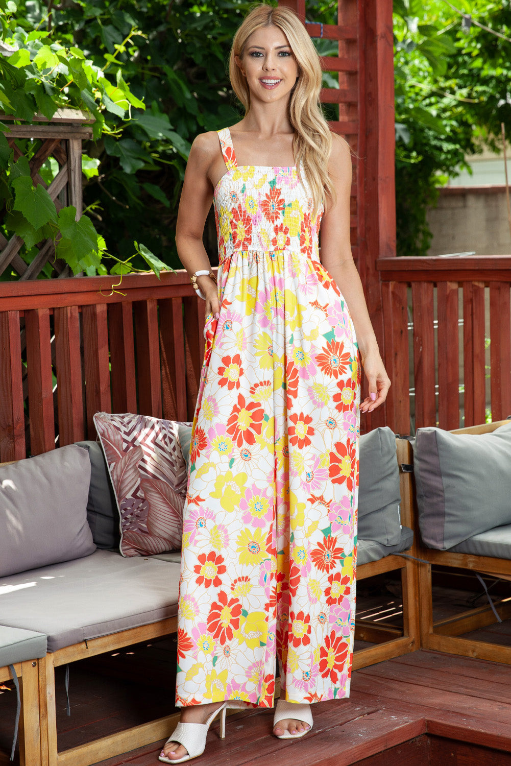 Floral Square Neck Smocked Wide Leg Jumpsuit - Runway Frenzy