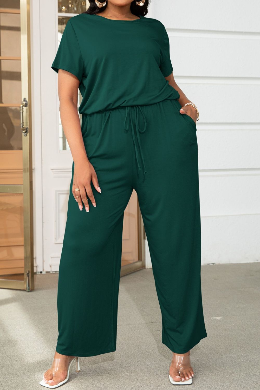 Plus Size Drawstring Waist Short Sleeve Jumpsuit - Runway Frenzy 