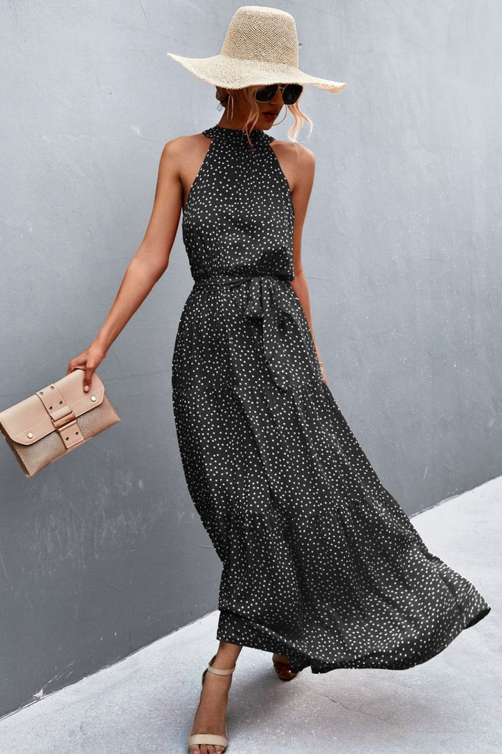 Printed Sleeveless Tie Waist Maxi Dress - Runway Frenzy 