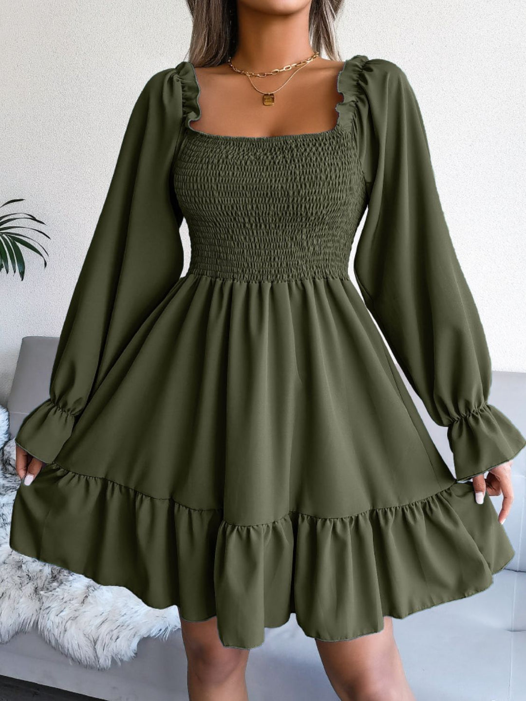 Smocked Flounce Sleeve Square Neck Dress - Runway Frenzy 