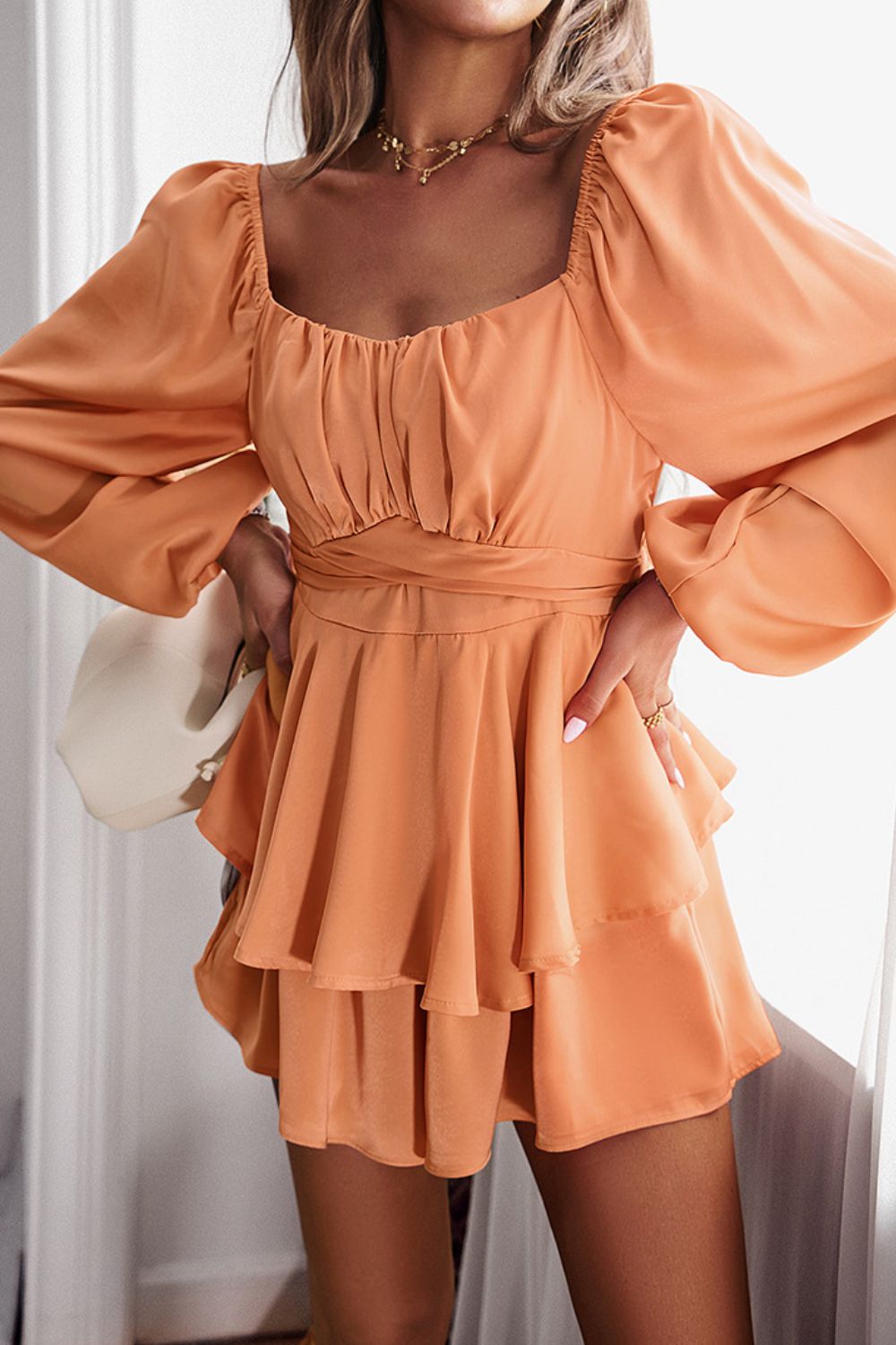 Long Balloon Sleeve Layered Romper - Runway Frenzy 