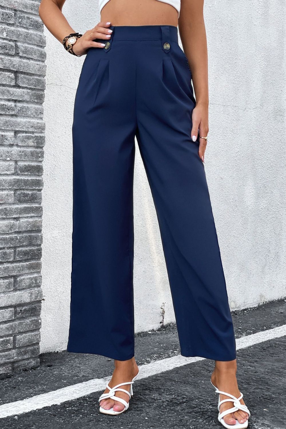 High-Rise Pleated Waist Wide Leg Pants - Runway Frenzy 