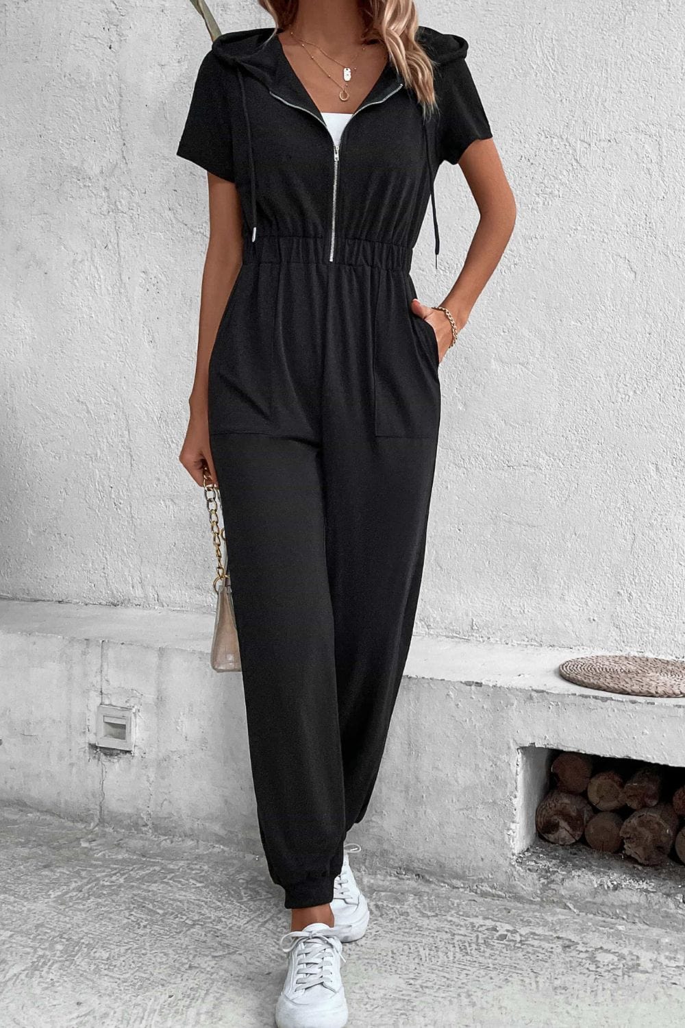 Zip-Up Short Sleeve Hooded Jumpsuit with Pockets - Runway Frenzy 