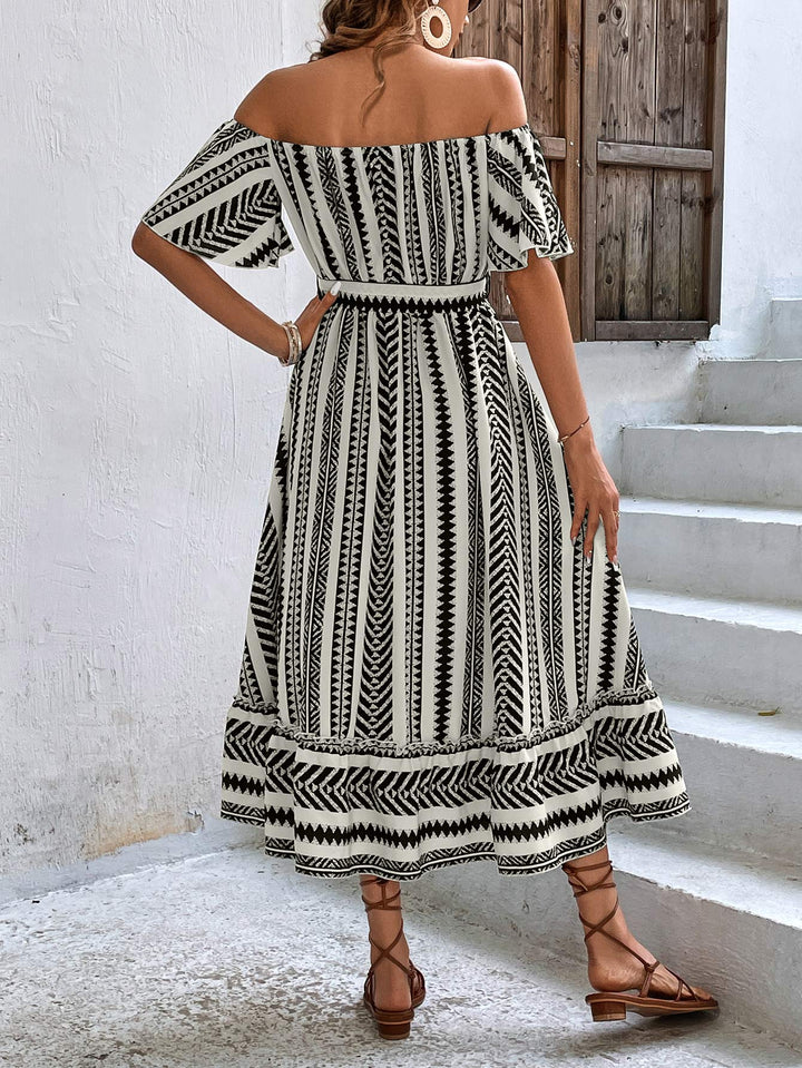 Printed Off-Shoulder Tie Belt Midi Dress - Runway Frenzy 