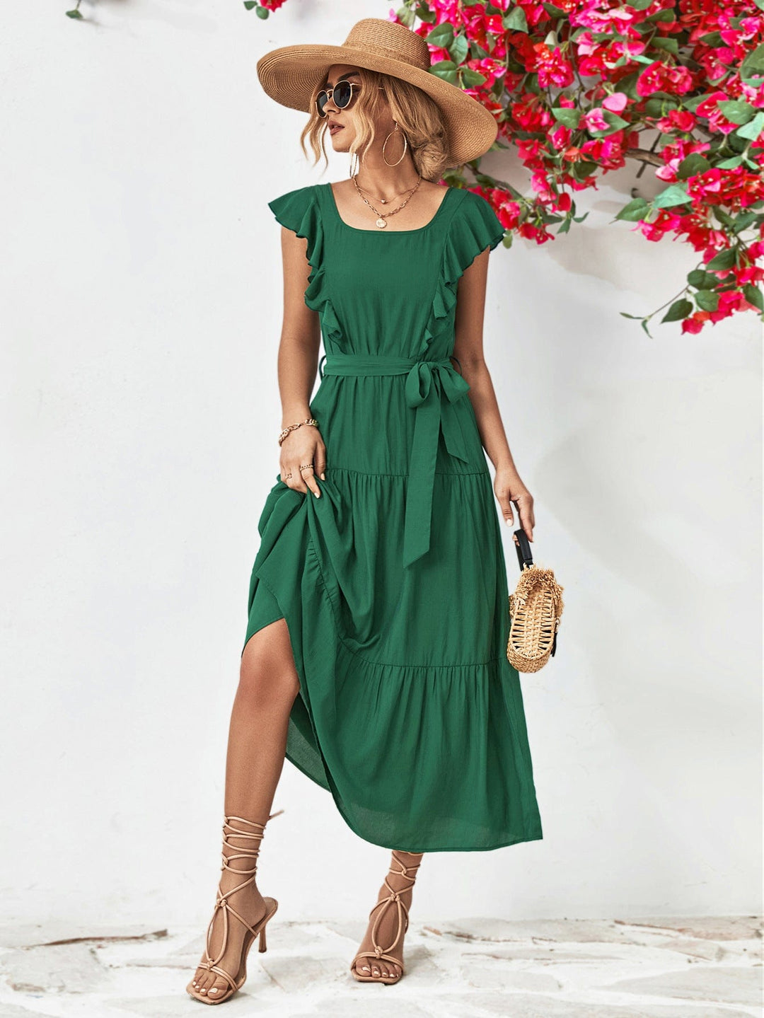 Tie Belt Ruffled Tiered Dress - Runway Frenzy 