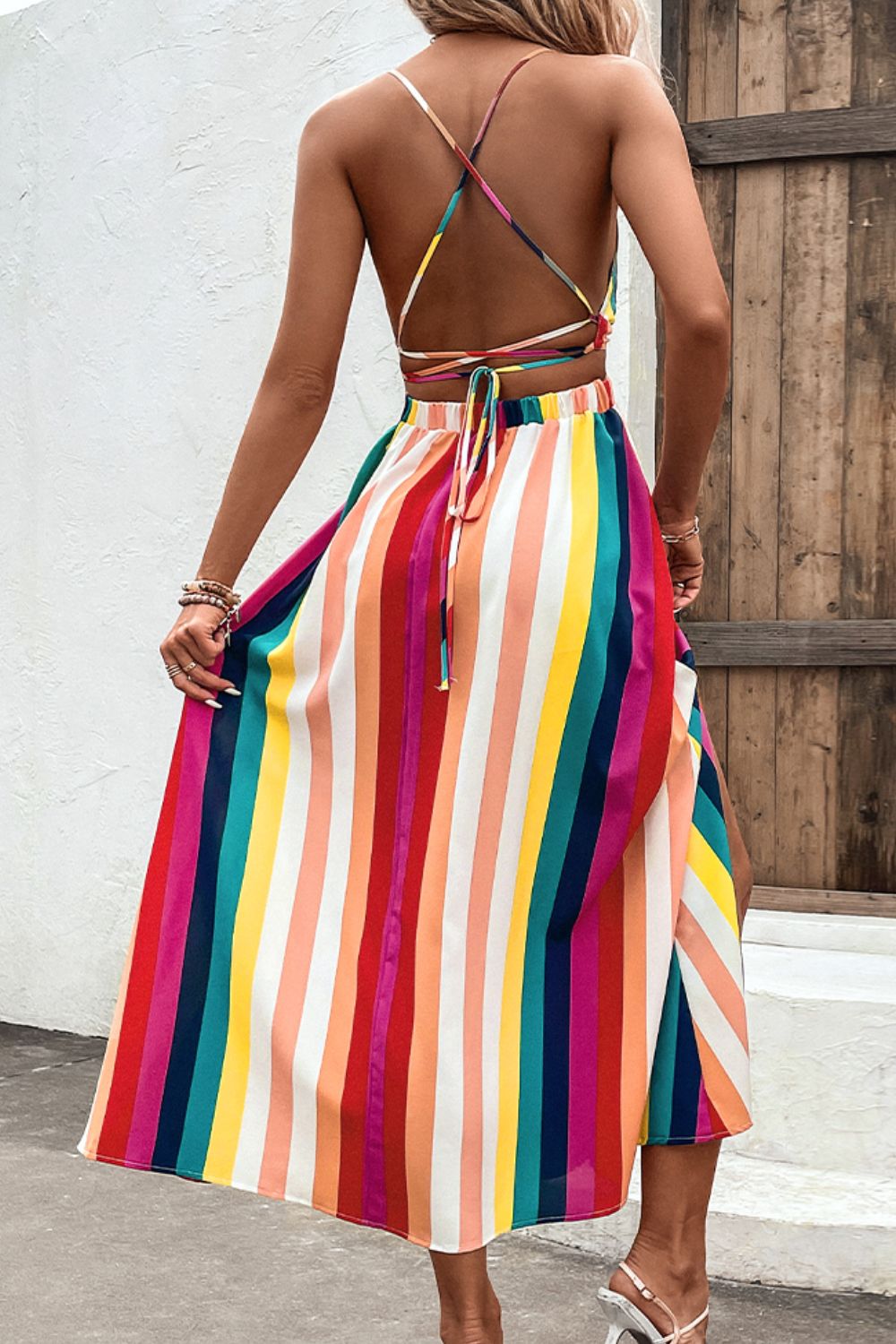 Multicolored Stripe Crisscross Backless Dress - Runway Frenzy 