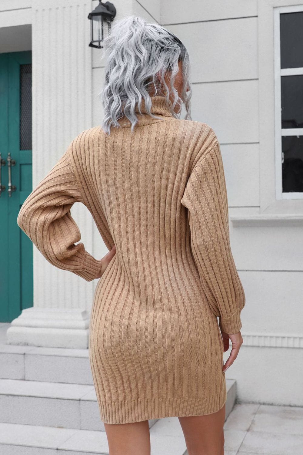 Ribbed Turtle Neck Long Sleeve Mini Sweater Dress - Runway Frenzy 