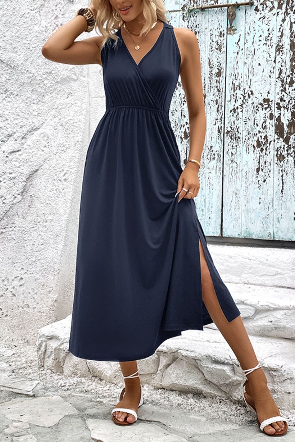 Surplice Neck Slit Sleeveless Dress - Runway Frenzy 