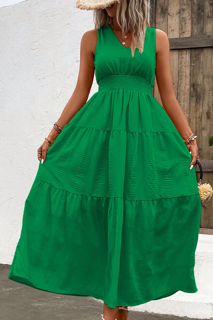 V-Neck Smocked Waist Sleeveless Tiered Dress - Runway Frenzy 