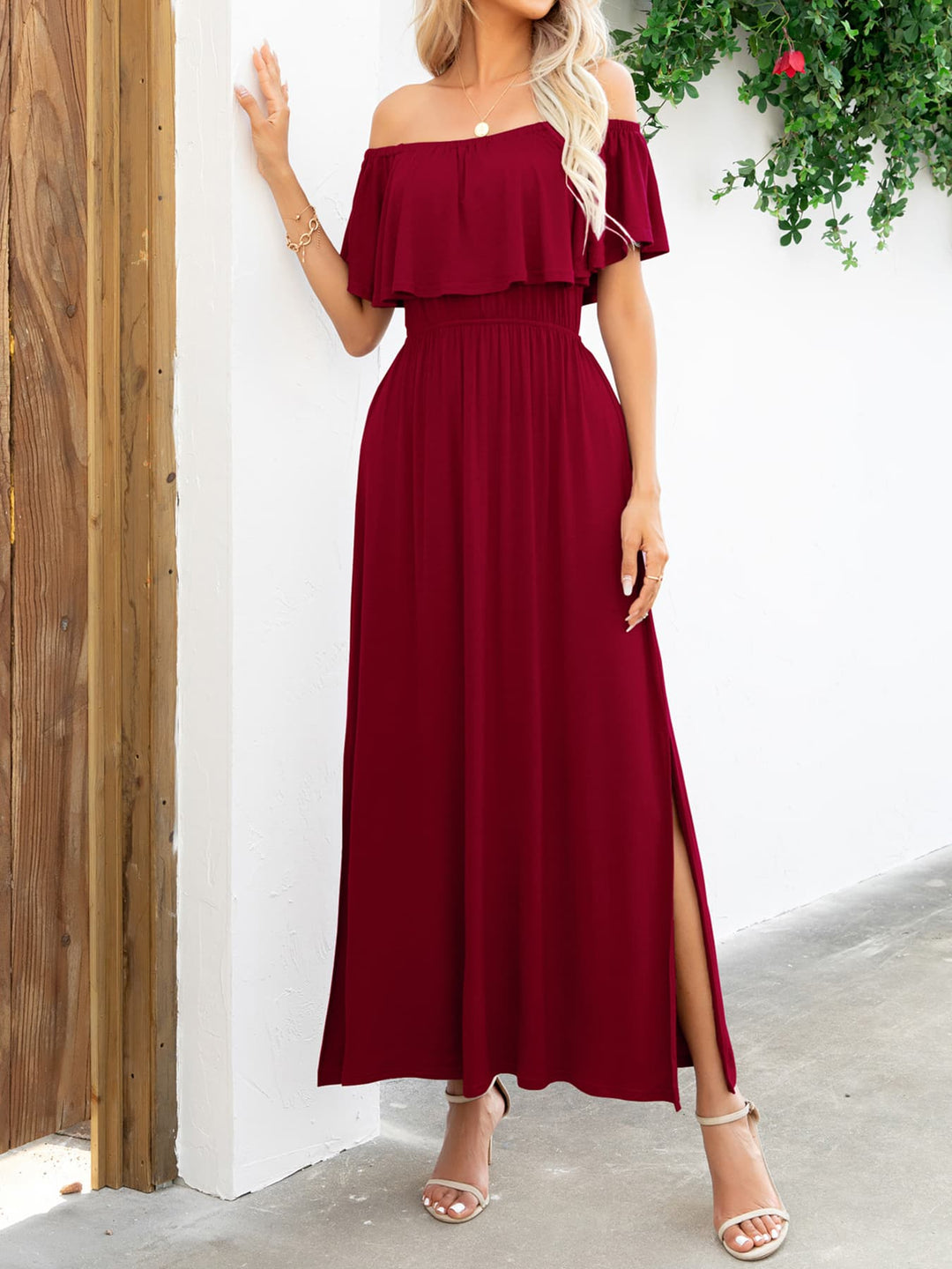 Off-Shoulder Slit Maxi Dress - Runway Frenzy 