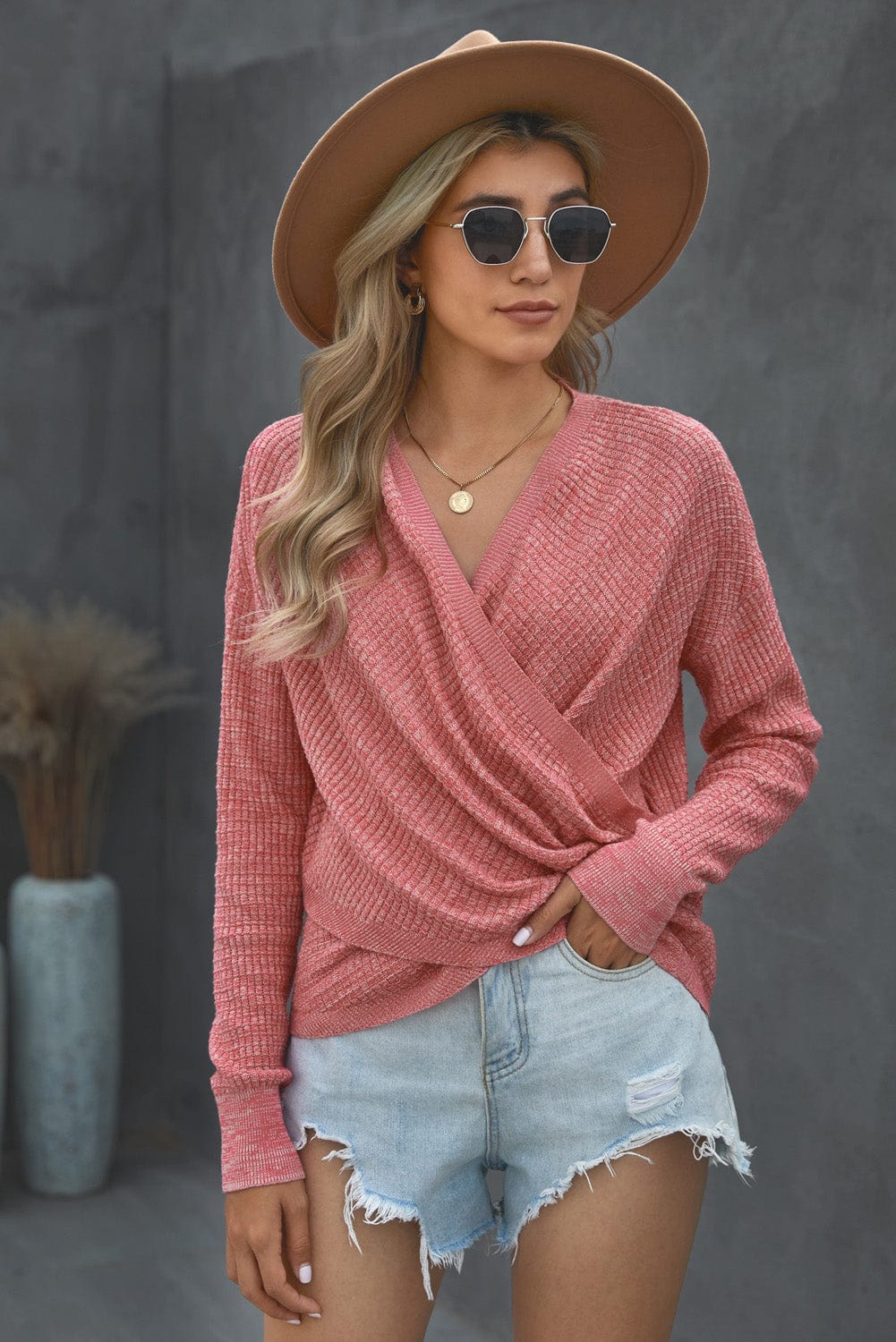 V Neck Wrap Front Knitted Top - Runway Frenzy 