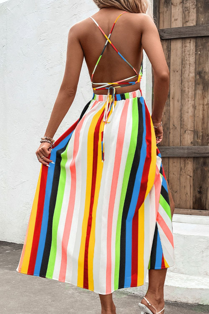 Multicolored Stripe Crisscross Backless Dress - Runway Frenzy 