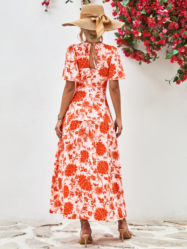 Floral Round Neck Tied Open Back Dress - Runway Frenzy