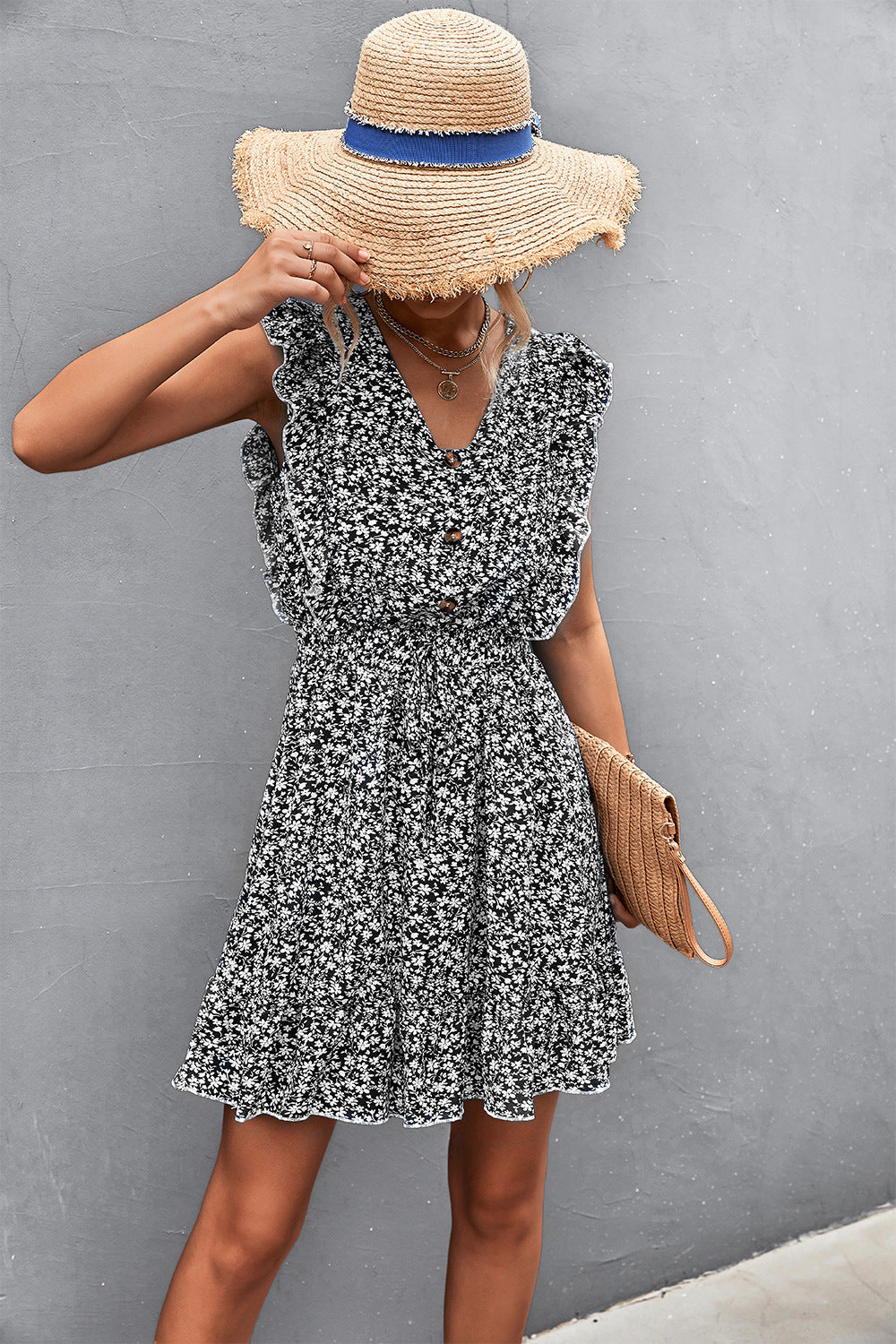 Ditsy Floral Ruffled V-Neck Dress - Runway Frenzy