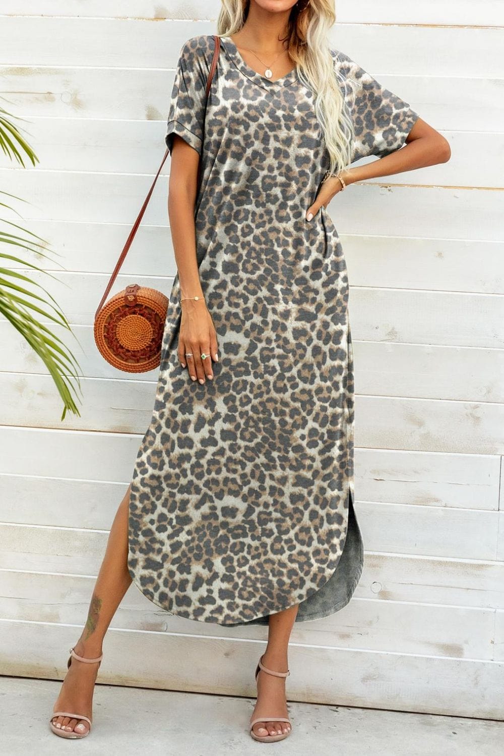 Printed V-Neck Curved Hem Dress - Runway Frenzy