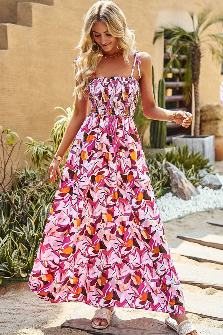 Printed Tie-Shoulder Smocked Maxi Dress - Runway Frenzy