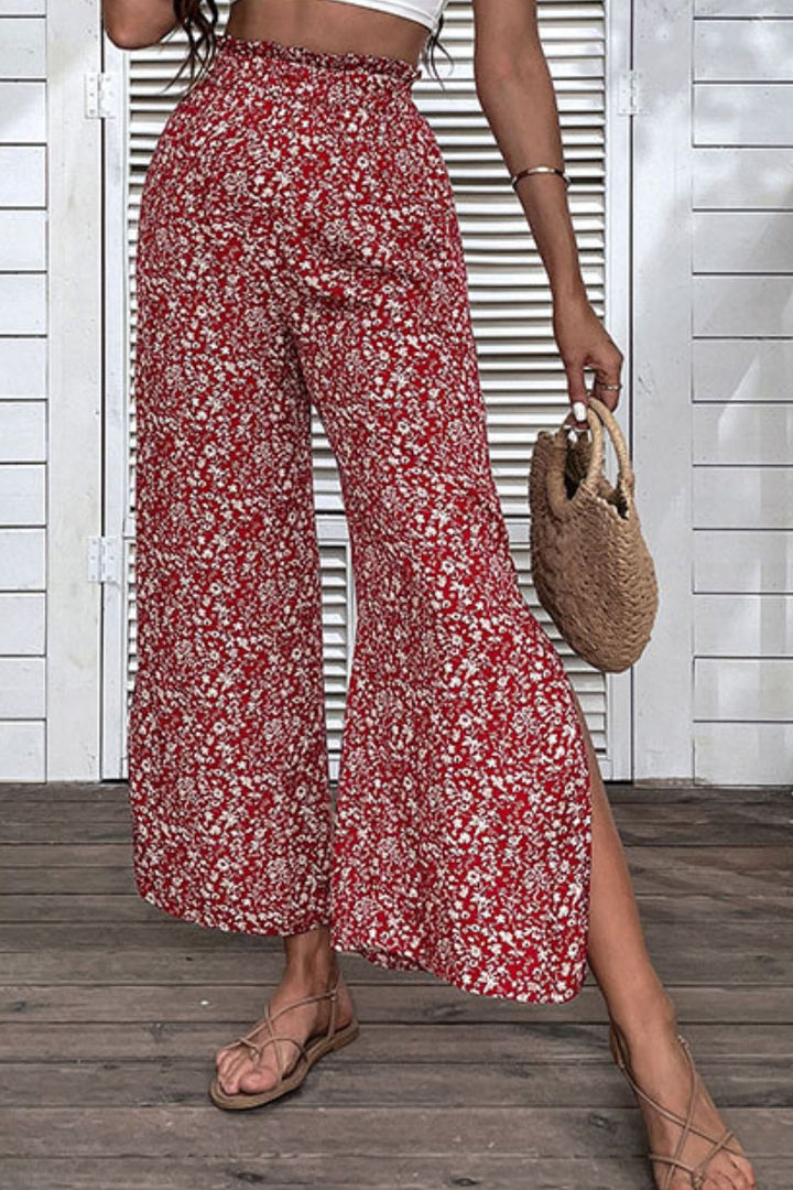 Ditsy Floral Slit Paperbag Waist Wide Leg Pants - Runway Frenzy