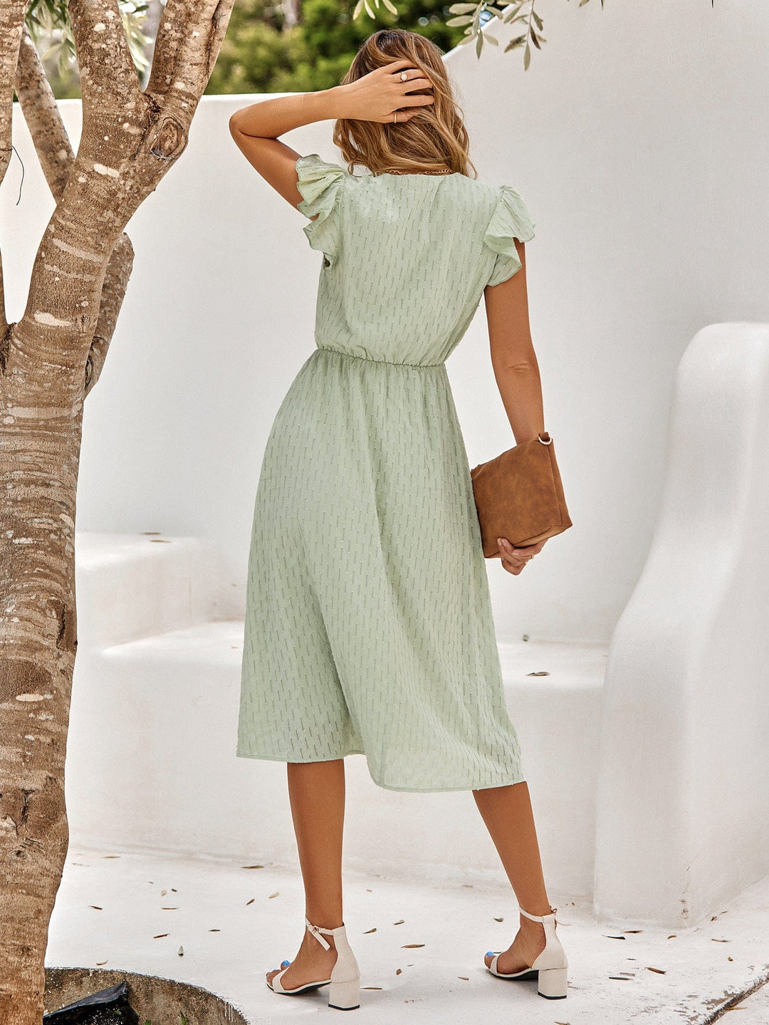 V-Neck Flutter Sleeve Midi Dress - Runway Frenzy 