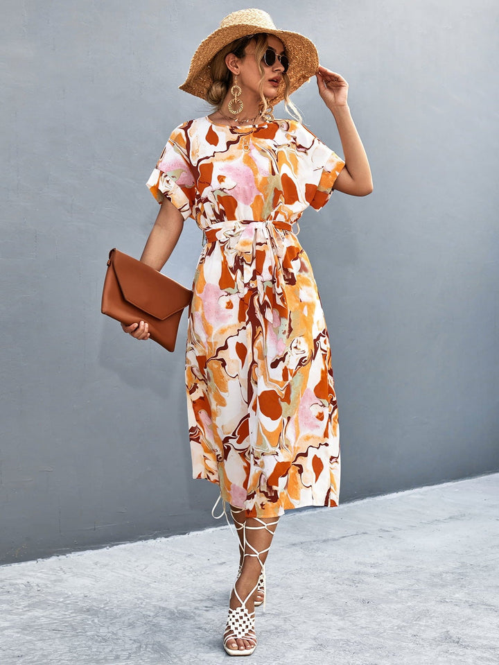 Round Neck Short Sleeve Tie Waist Midi Dress - Runway Frenzy 