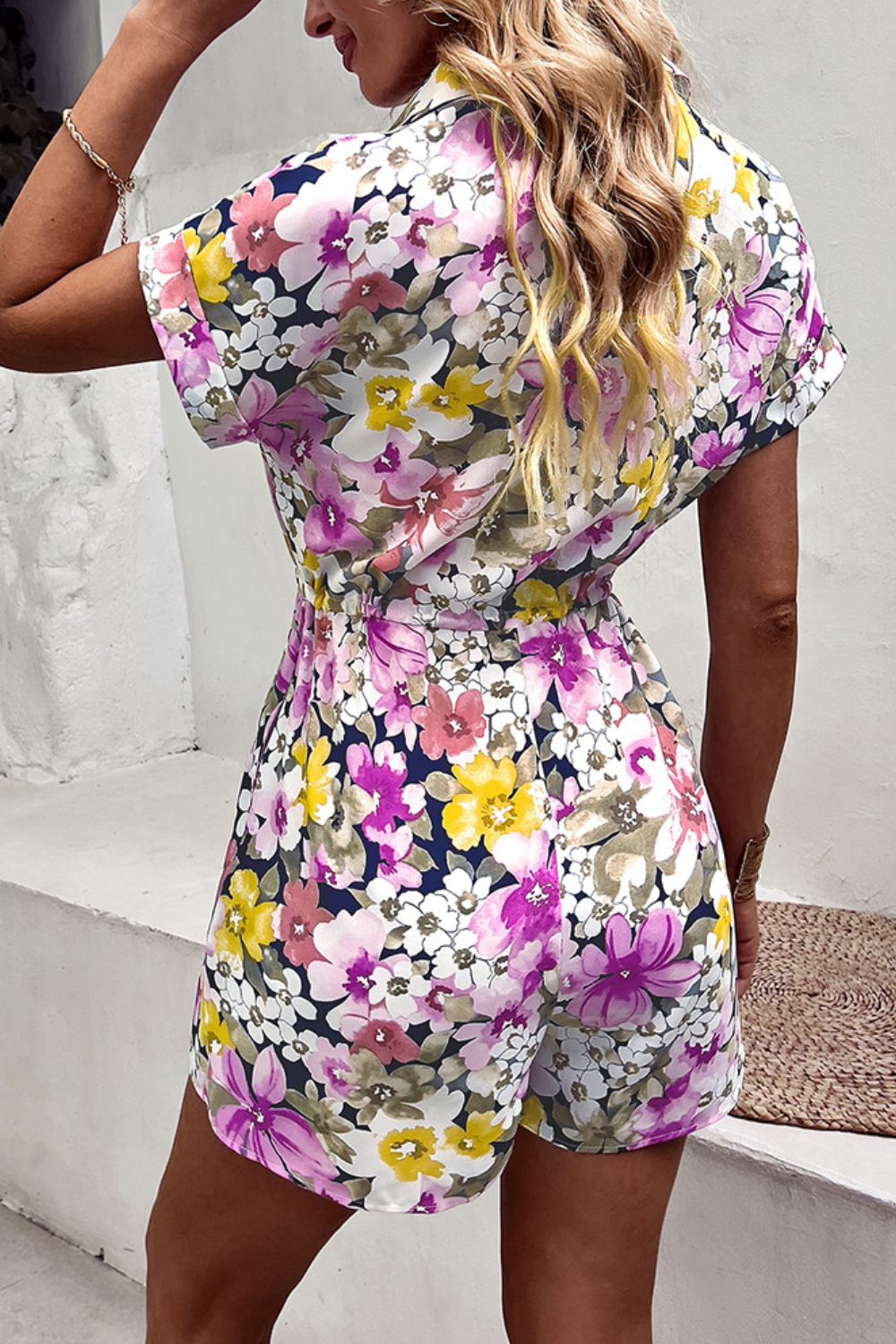 Floral Drawstring Lapel Collar Romper with Pockets - Runway Frenzy