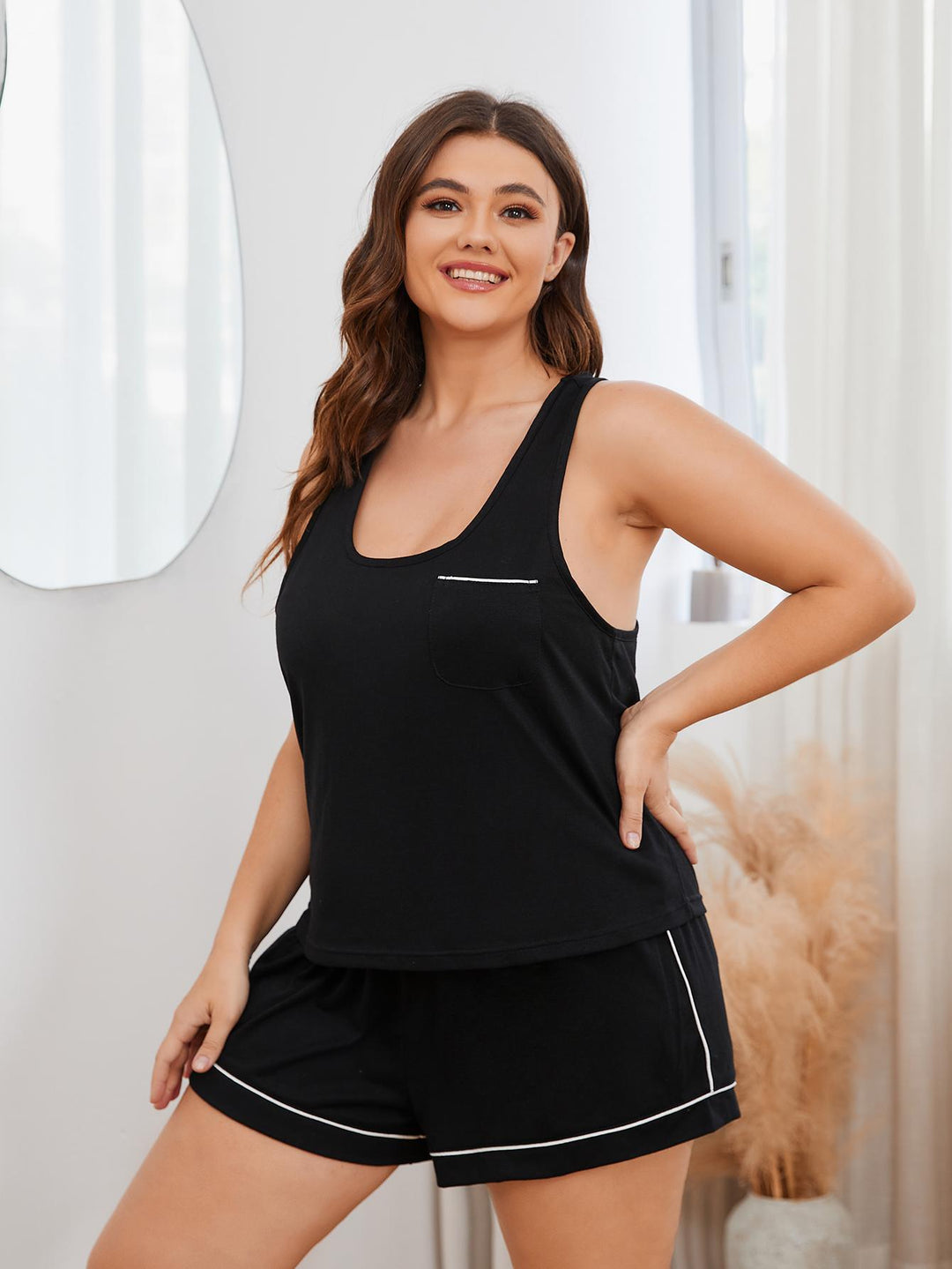 Plus Size Contrast Piping Racerback Tank and Shorts Lounge Set - Runway Frenzy 