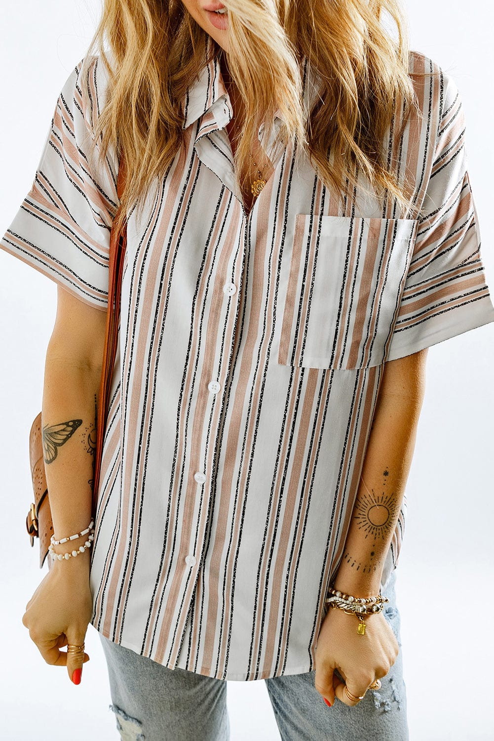 Striped Short Sleeve Shirt with Breast Pocket - Runway Frenzy 