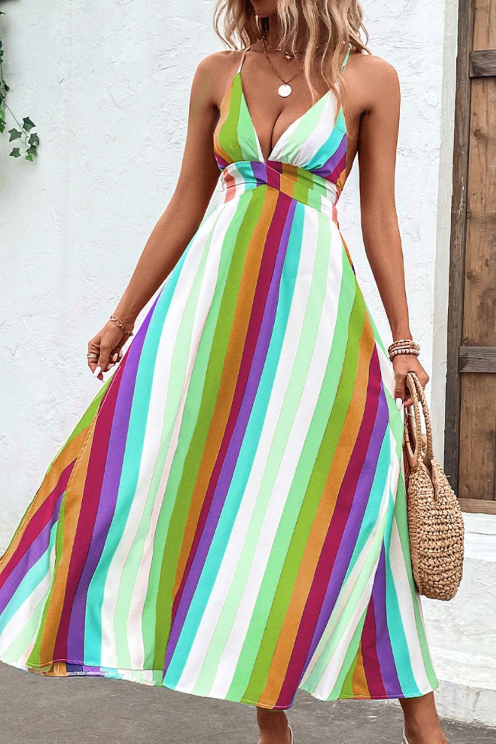 Multicolored Stripe Crisscross Backless Dress - Runway Frenzy 