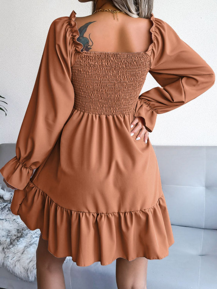 Smocked Flounce Sleeve Square Neck Dress - Runway Frenzy 