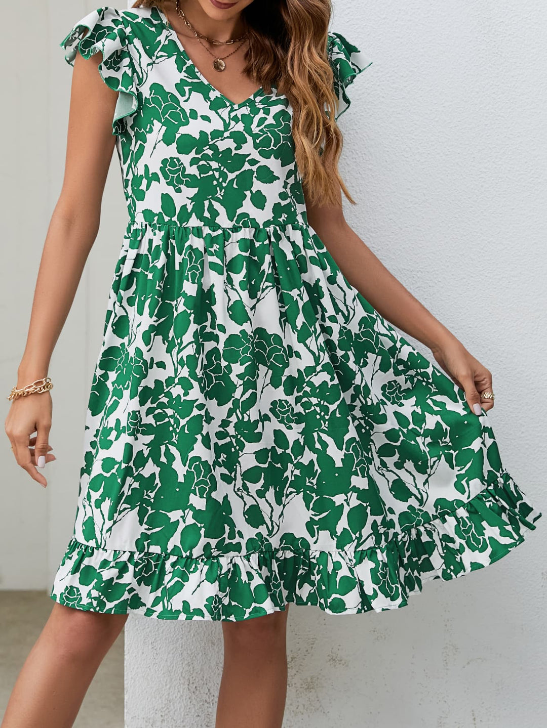 Floral V-Neck Flutter Sleeve Dress - Runway Frenzy